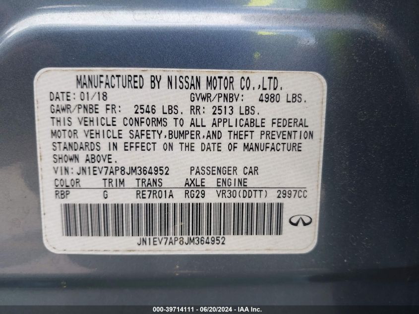 2018 Infiniti Q50 3.0T Sport VIN: JN1EV7AP8JM364952 Lot: 39714111