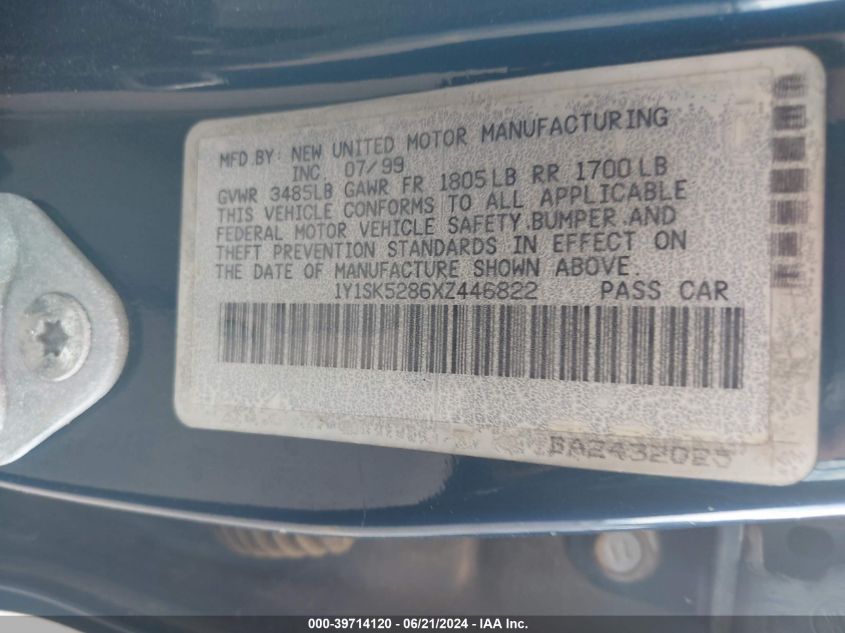 1999 Chevrolet Prizm VIN: 1Y1SK5286XZ446822 Lot: 39714120
