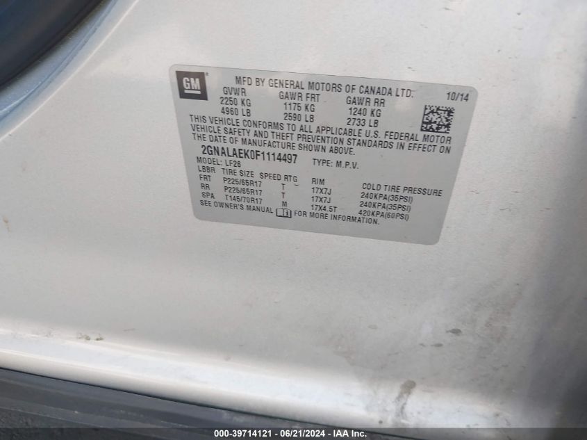 2015 Chevrolet Equinox Ls VIN: 2GNALAEK0F1114497 Lot: 39714121