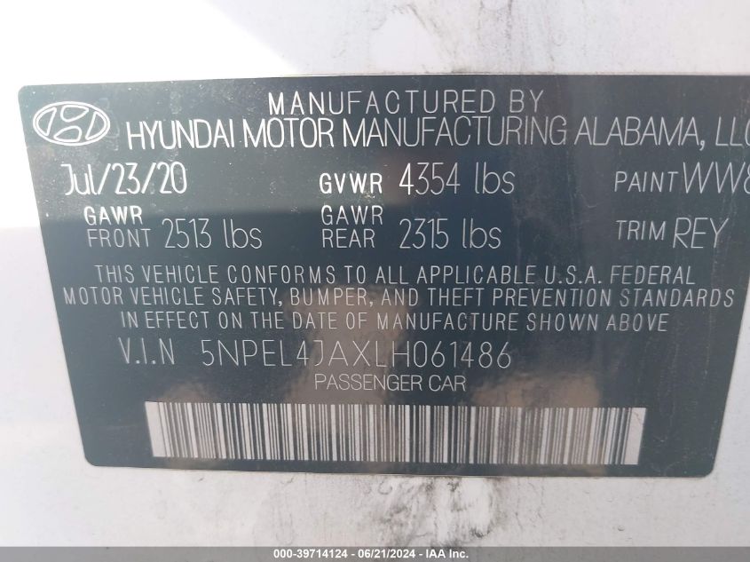 2020 Hyundai Sonata Sel VIN: 5NPEL4JAXLH061486 Lot: 39714124