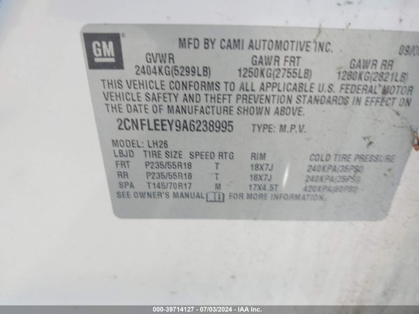 2010 Chevrolet Equinox Lt VIN: 2CNFLEEY9A6238995 Lot: 39714127