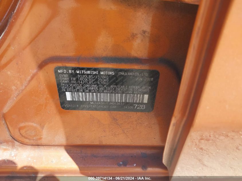 2018 Mitsubishi Mirage Es VIN: ML32A3HJ7JH013631 Lot: 39714134