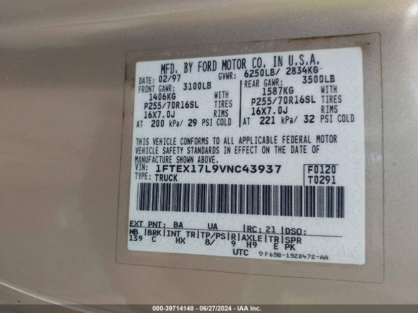 1997 Ford F150 VIN: 1FTEX17L9VNC43937 Lot: 39714148