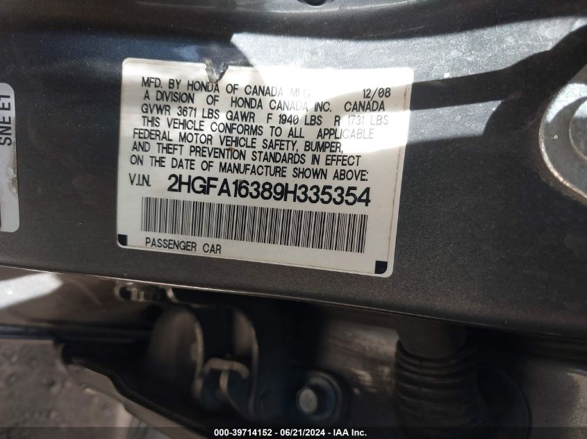 2009 Honda Civic Vp VIN: 2HGFA16389H335354 Lot: 39714152