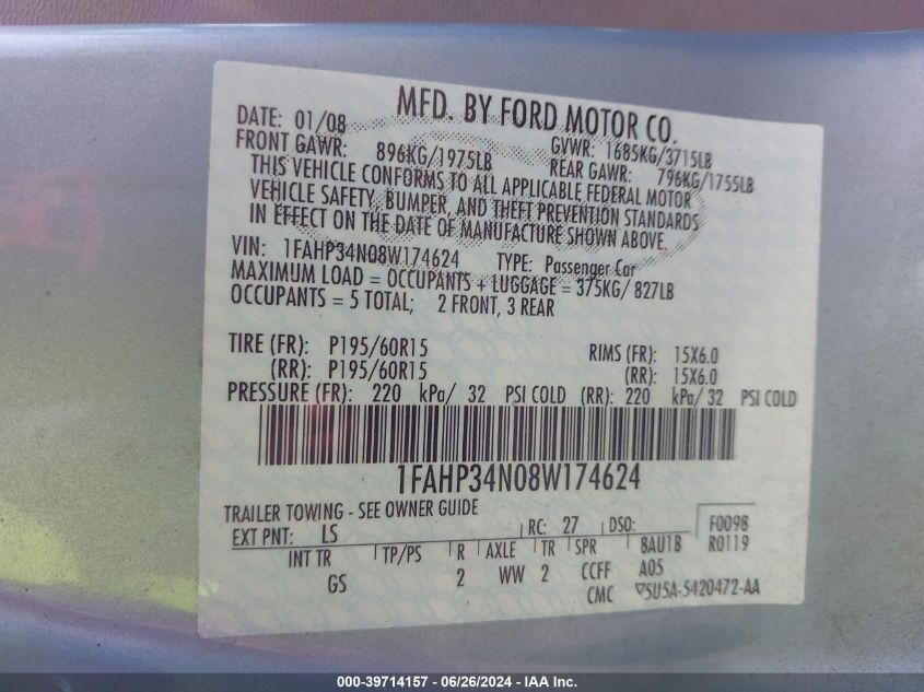 2008 Ford Focus S VIN: 1FAHP34N08W174624 Lot: 39714157