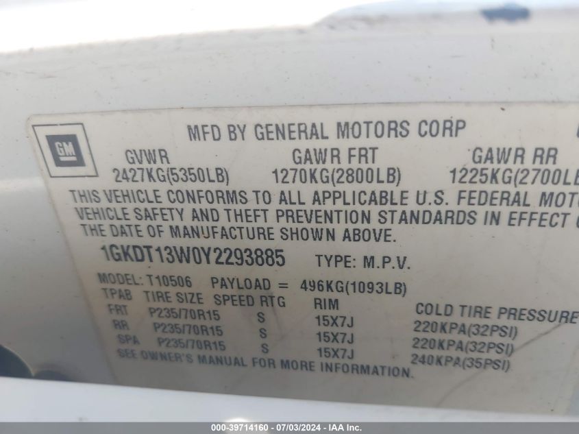 2000 GMC Jimmy Sle VIN: 1GKDT13W0Y2293885 Lot: 39714160