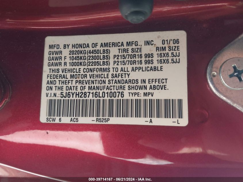 2006 Honda Element Ex VIN: 5J6YH28716L010076 Lot: 39714167