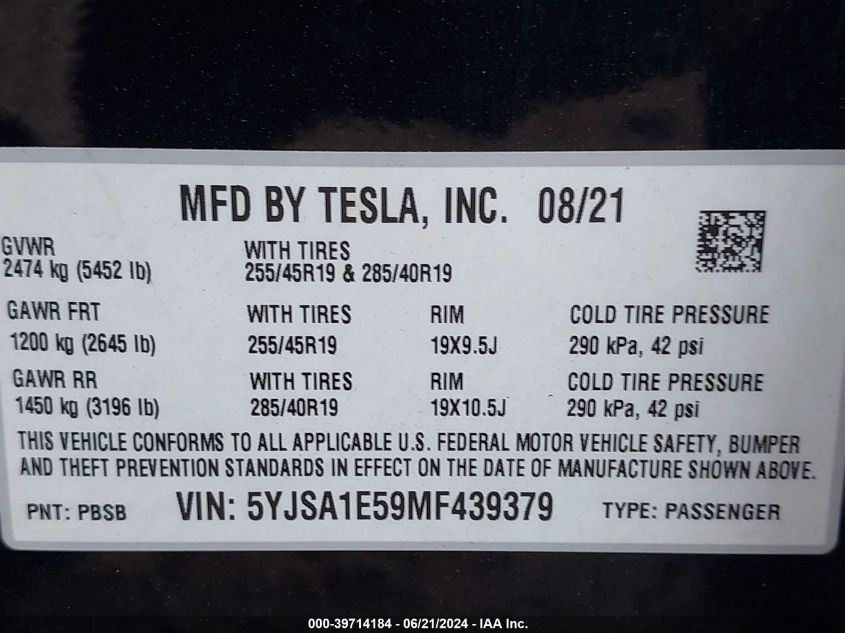 2021 Tesla Model S VIN: 5YJSA1E59MF439379 Lot: 39714184