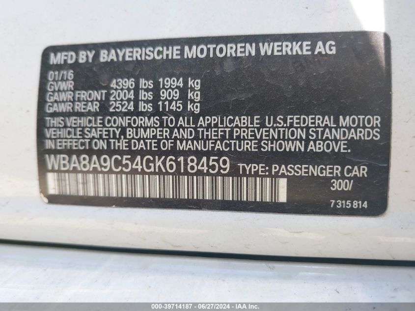 2016 BMW 320I VIN: WBA8A9C54GK618459 Lot: 39714187