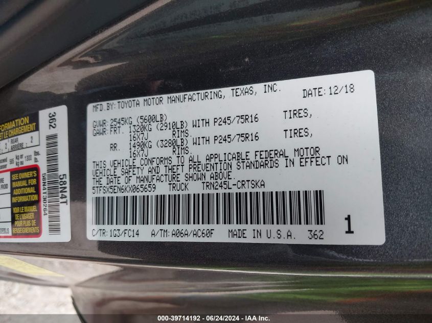 2019 Toyota Tacoma Sr5 VIN: 5TFSX5EN6KX065659 Lot: 39714192