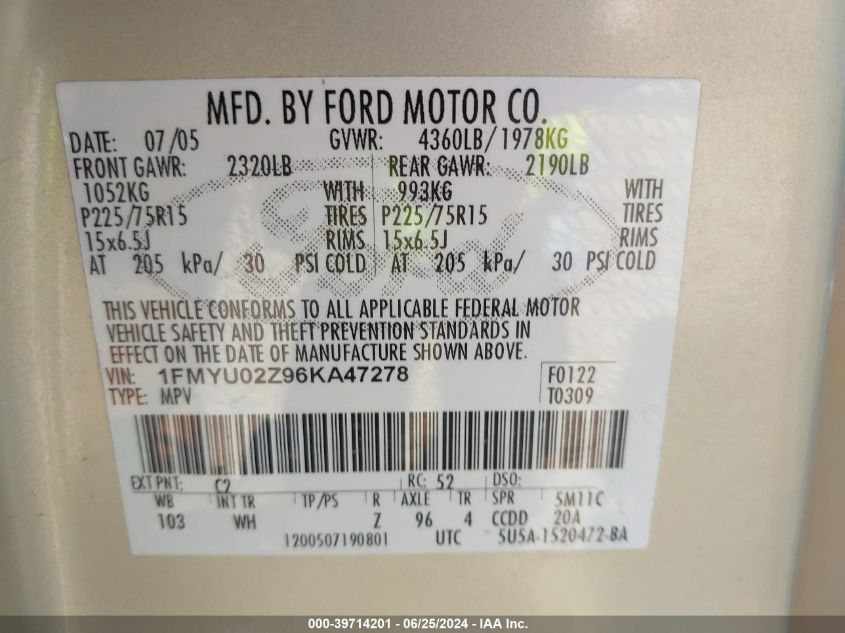 2006 Ford Escape Xls/Xls Manual VIN: 1FMYU02Z96KA47278 Lot: 39714201