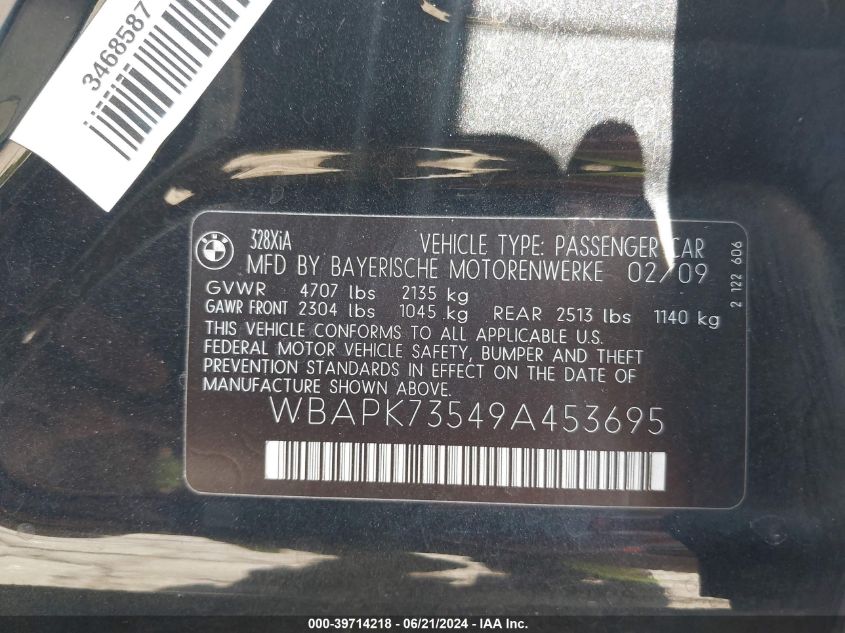 2009 BMW 328 Xi VIN: WBAPK73549A453695 Lot: 39714218