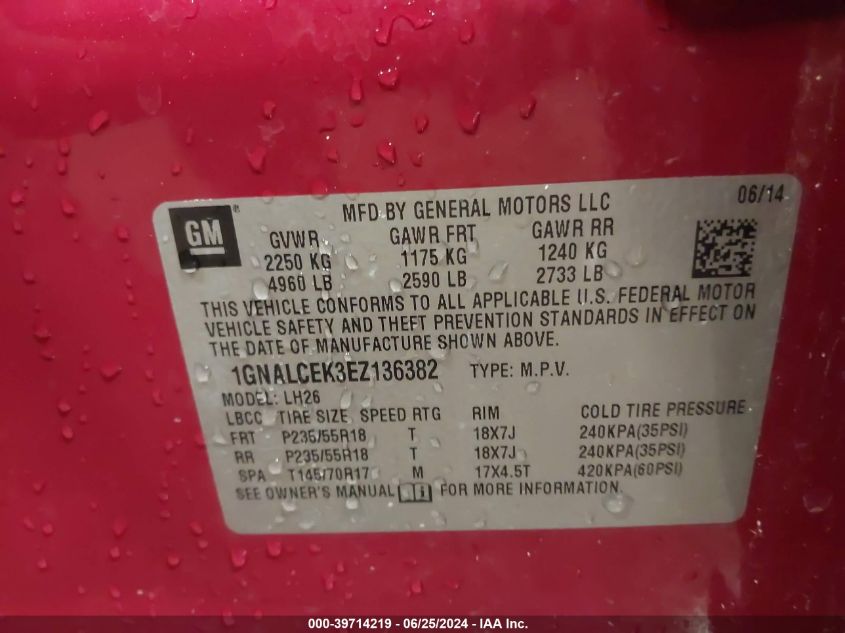 2014 Chevrolet Equinox 2Lt VIN: 1GNALCEK3EZ136382 Lot: 39714219