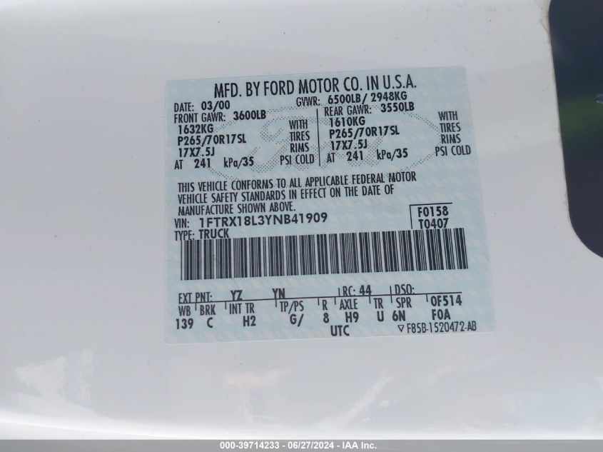 2000 Ford F-150 Lariat/Work Series/Xl/Xlt VIN: 1FTRX18L3YNB41909 Lot: 39714233