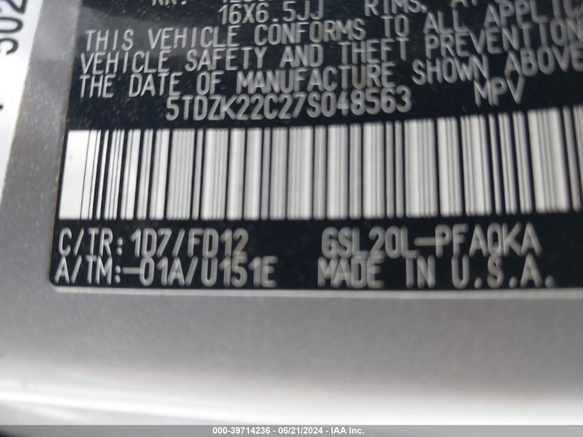 5TDZK22C27S048563 2007 Toyota Sienna Xle