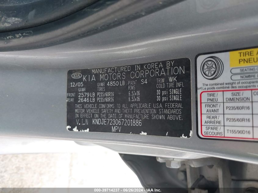 2006 Kia Sportage Ex V6/Lx V6 VIN: KNDJE723067201886 Lot: 39714237