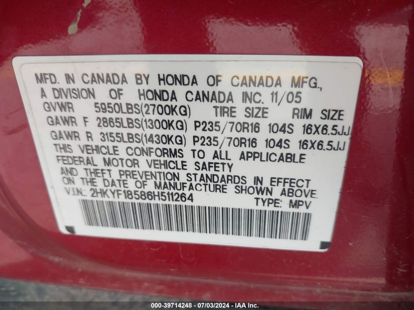 2006 Honda Pilot Ex VIN: 2HKYF18586H511264 Lot: 39714248