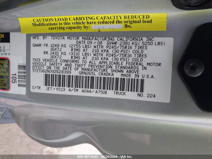 2009 Toyota Tacoma Prerunner V6 VIN: 5TETU62N39Z628399 Lot: 39714252