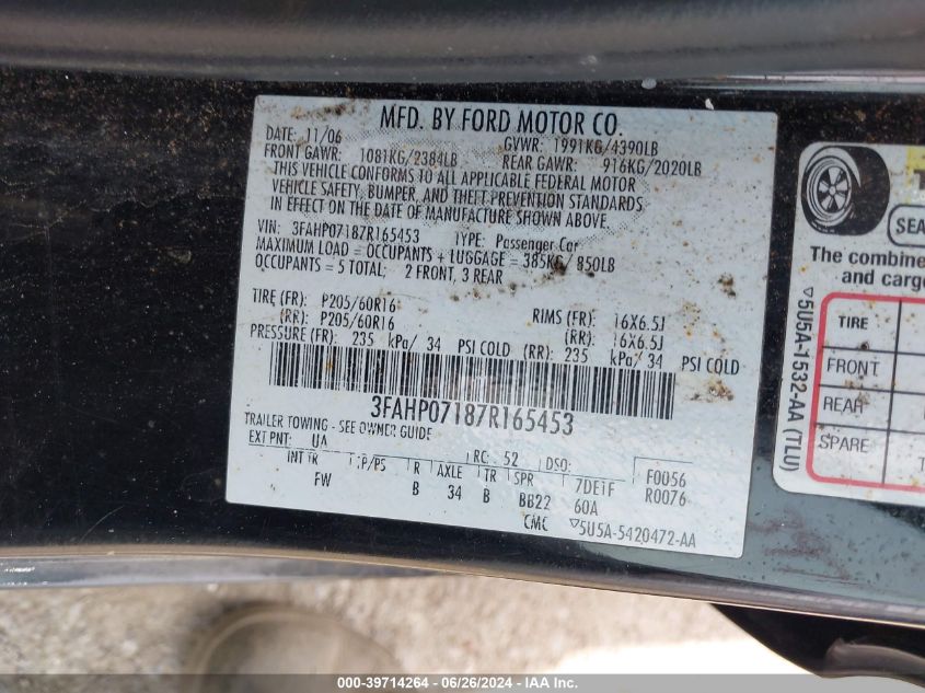 2007 Ford Fusion Se VIN: 3FAHP07187R165453 Lot: 39714264