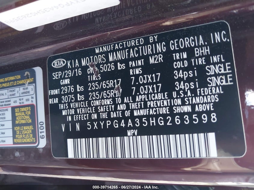 2017 Kia Sorento 2.4L Lx VIN: 5XYPG4A35HG263598 Lot: 39714265
