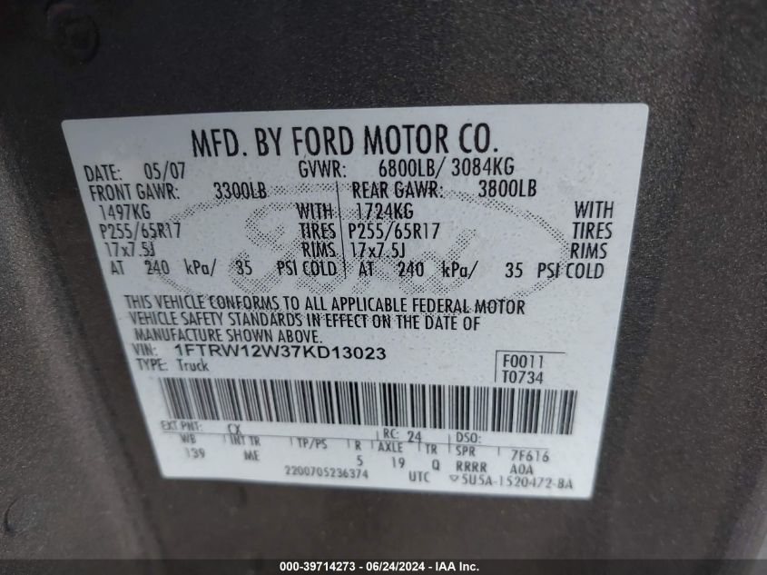 2007 Ford F-150 Xlt VIN: 1FTRW12W37KD13023 Lot: 39714273