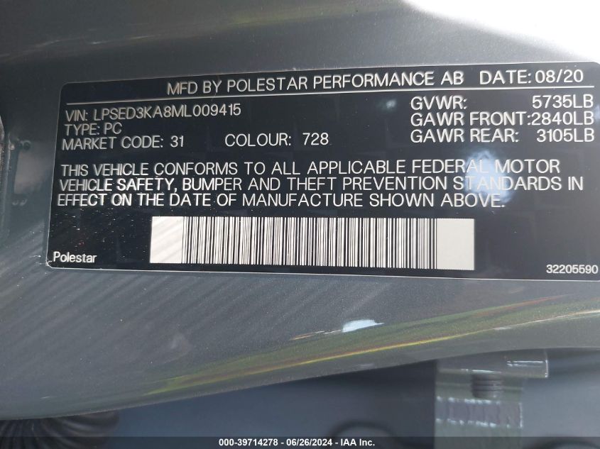 2021 Polestar 2 Launch Edition VIN: LPSED3KA8ML009415 Lot: 39714278