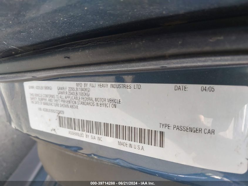 2005 Subaru Legacy 2.5I VIN: 4S3BL616X57229029 Lot: 39714288