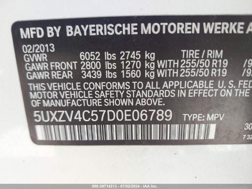 2013 BMW X5 xDrive35I/xDrive35I Premium/xDrive35I Sport Activity VIN: 5UXZV4C57D0E06789 Lot: 39714313