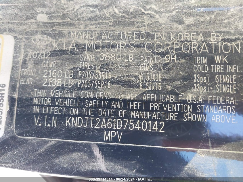 2013 Kia Soul + VIN: KNDJT2A61D7540142 Lot: 39714314