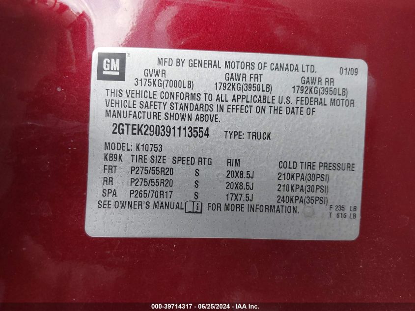 2009 GMC Sierra 1500 K1500 Sle VIN: 2GTEK290391113554 Lot: 39714317
