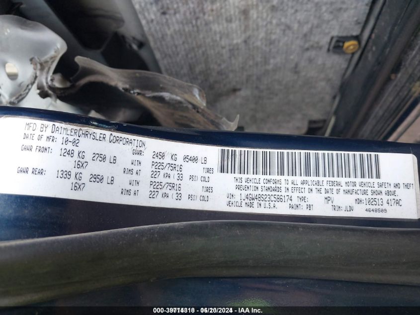 2003 Jeep Grand Cherokee Laredo VIN: 1J4GW48S23C586174 Lot: 39714318