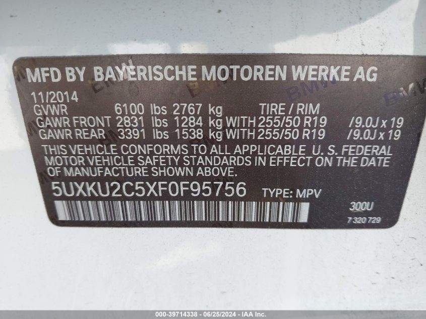 2015 BMW X6 xDrive35I VIN: 5UXKU2C5XF0F95756 Lot: 39714338