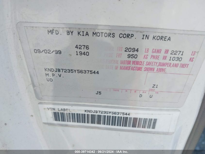 2000 Kia Sportage Ex VIN: KNDJB7235Y5637544 Lot: 39714342