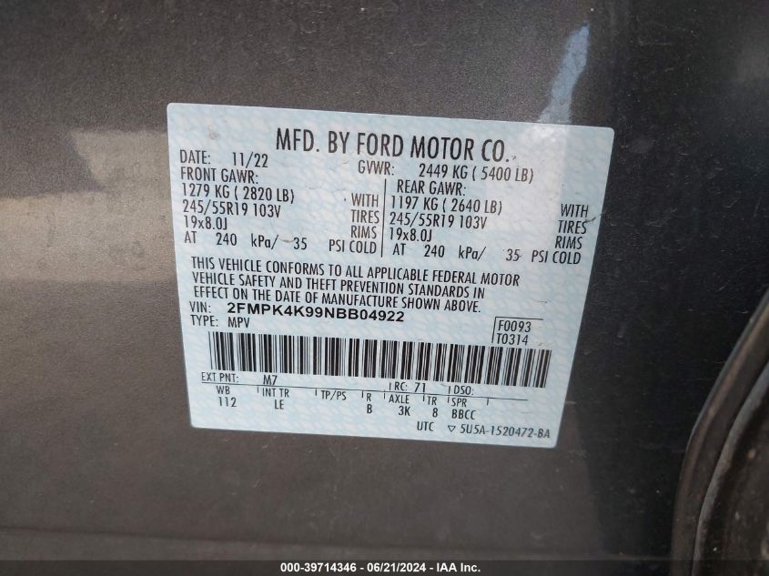 2022 Ford Edge Titanium VIN: 2FMPK4K99NBB04922 Lot: 39714346