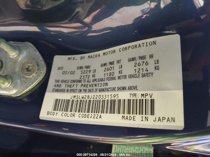 2002 Mazda Mpv VIN: JM3LW28J220331595 Lot: 39714354