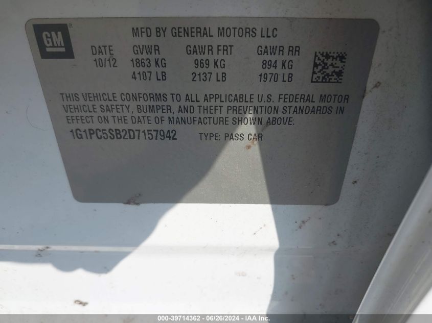 2013 Chevrolet Cruze 1Lt Auto VIN: 1G1PC5SB2D7157942 Lot: 39714362