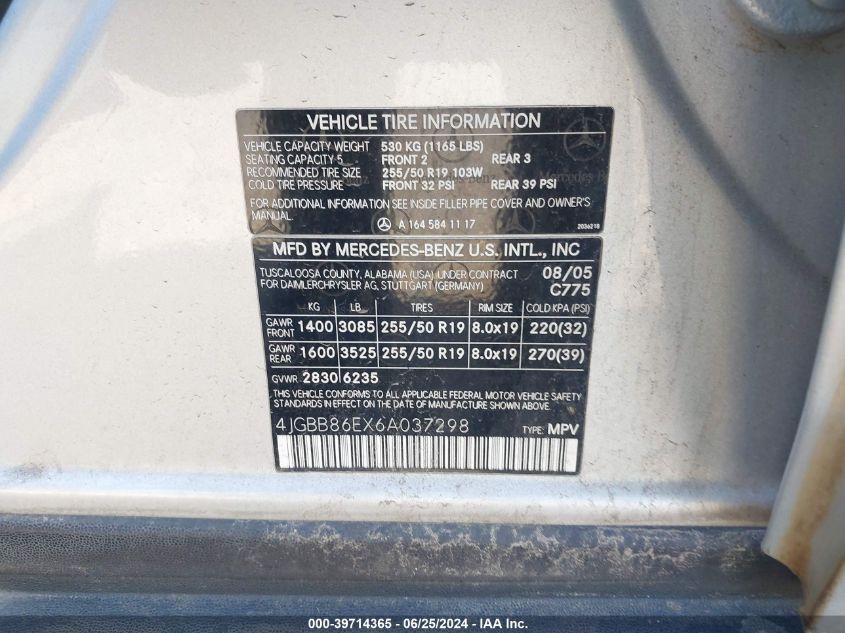 2006 Mercedes-Benz Ml 350 VIN: 4JGBB86EX6A037298 Lot: 39714365