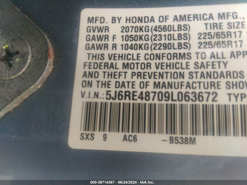 2009 Honda Cr-V Ex-L VIN: 5J6RE48709L063672 Lot: 39714367