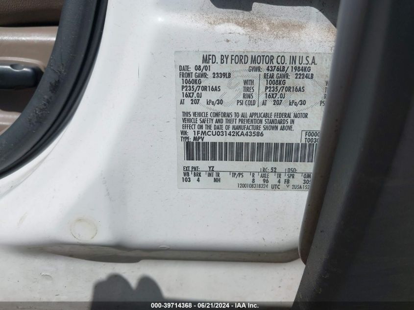 2002 Ford Escape Xlt VIN: 1FMCU03142KA43586 Lot: 39714368