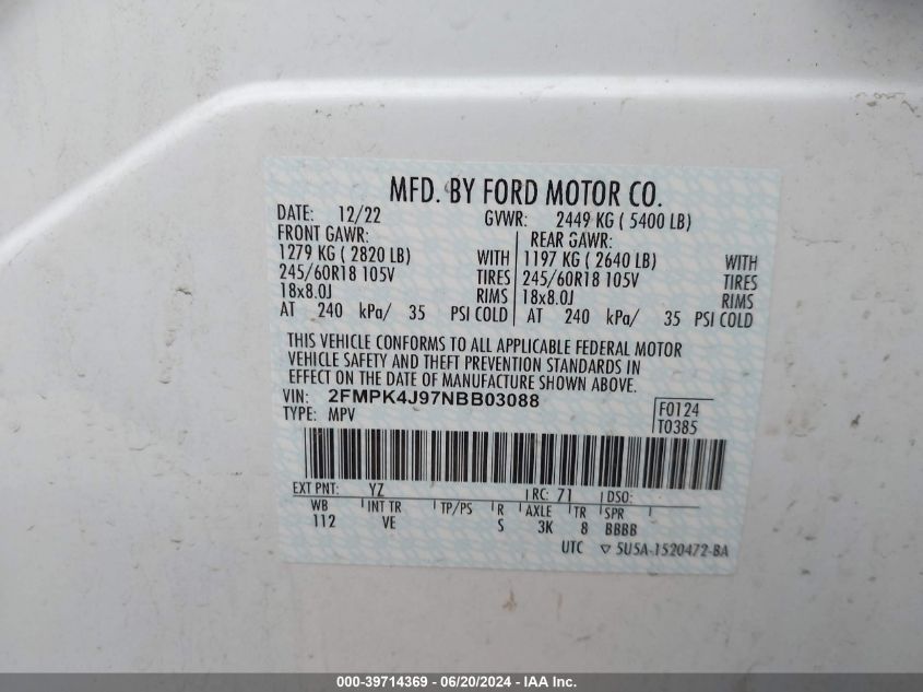 2022 Ford Edge Sel VIN: 2FMPK4J97NBB03088 Lot: 39714369