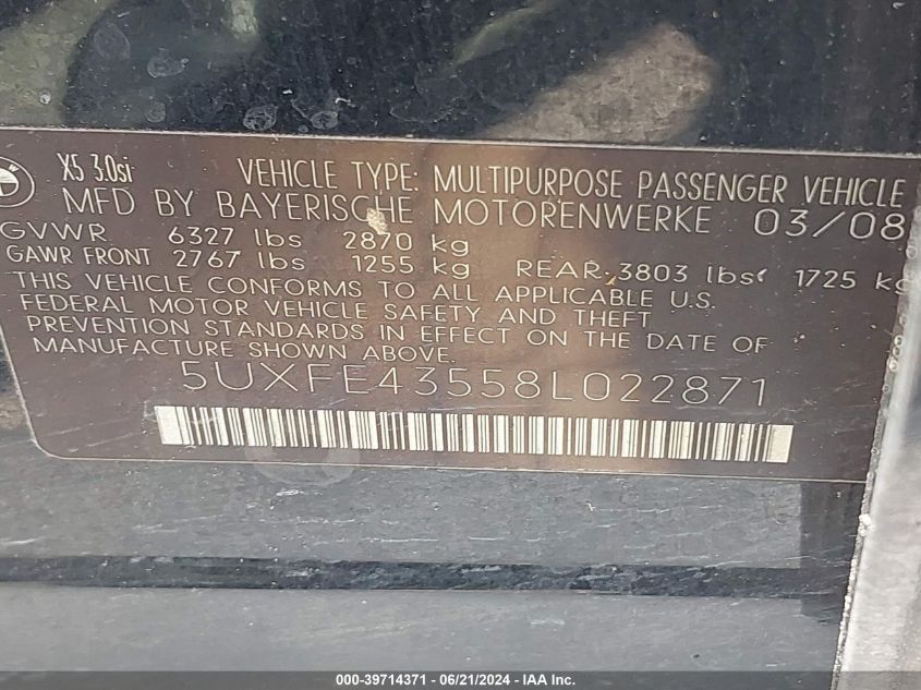 2008 BMW X5 3.0Si VIN: 5UXFE43558L022871 Lot: 39714371