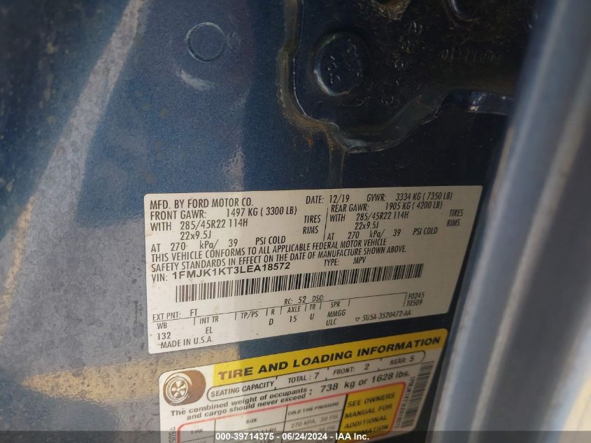 2020 Ford Expedition Limited Max VIN: 1FMJK1KT3LEA18572 Lot: 39714375