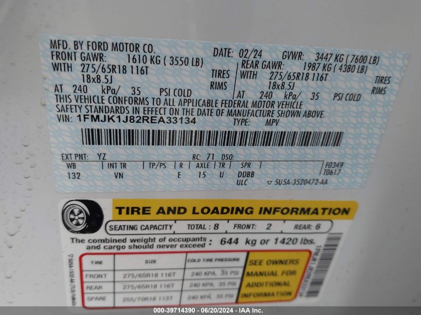 2024 Ford Expedition Xlt Max VIN: 1FMJK1J82REA33134 Lot: 39714390