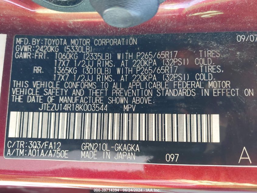 2008 Toyota 4Runner Sr5 V6 VIN: JTEZU14R18K003544 Lot: 39714394