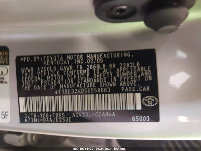 2005 Toyota Camry Le VIN: 4T1BE32K05U558663 Lot: 39714420