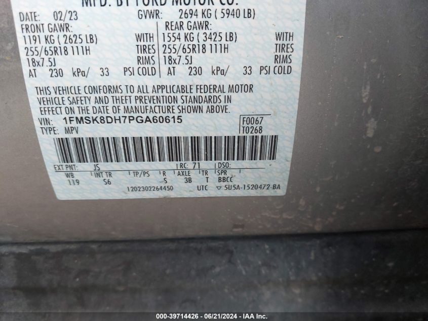 2023 Ford Explorer Xlt VIN: 1FMSK8DH7PGA60615 Lot: 39714426