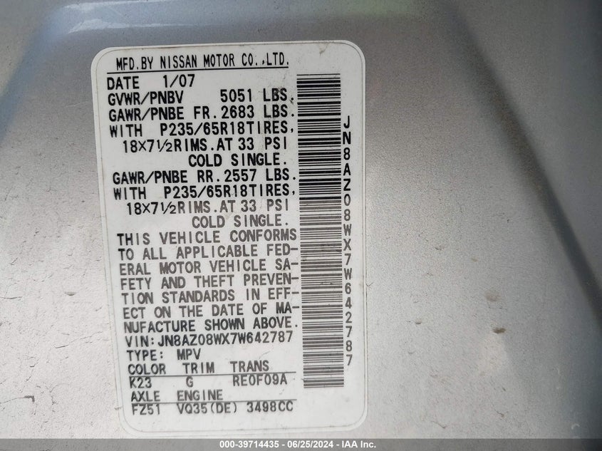 2007 Nissan Murano S VIN: JN8AZ08WX7W642787 Lot: 39714435