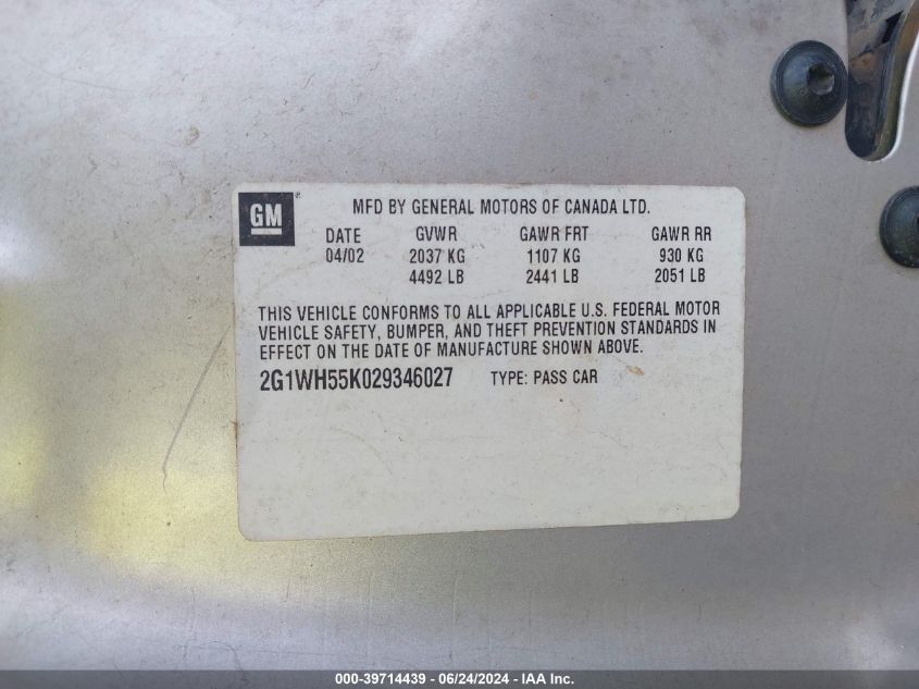 2002 Chevrolet Impala Ls VIN: 2G1WH55K029346027 Lot: 39714439