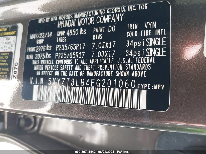 2014 Hyundai Santa Fe Sport 2.4L VIN: 5XYZT3LB4EG201060 Lot: 39714442