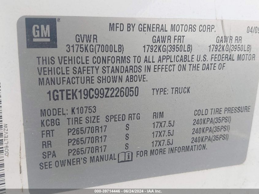 2009 GMC Sierra 1500 Work Truck VIN: 1GTEK19C99Z226050 Lot: 39714446